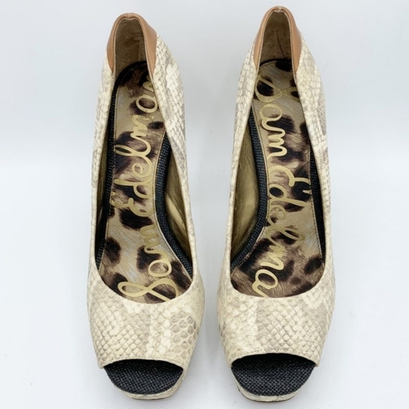 Sam Edelman 'Tacoma' Snake Embossed Genuine Leather Chunky Peeptoe Heels Sz. 8 - Picture 4 of 12